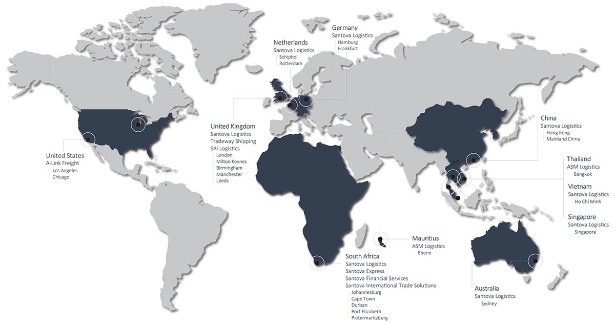 Map showing Santova global offices